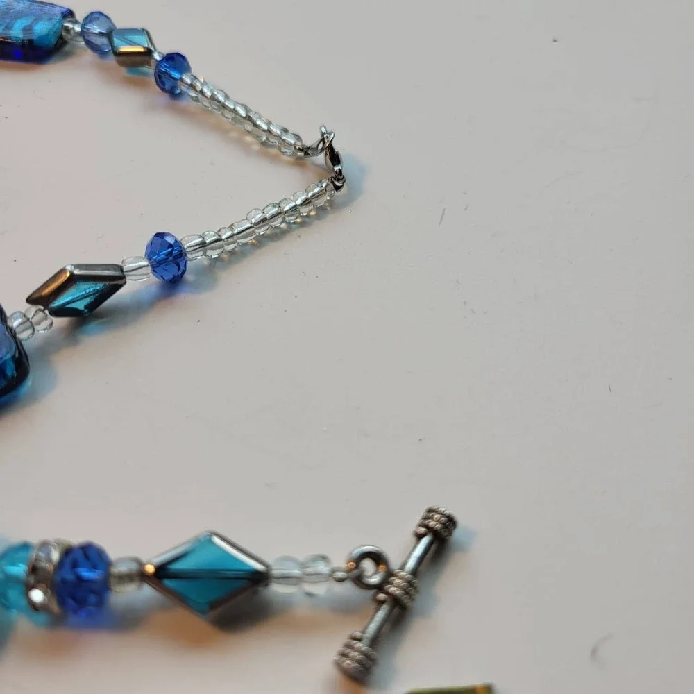 Vintage Glass Foil Bead Necklace Bracelet Set Blue Silver Tone Rectangle Beaded